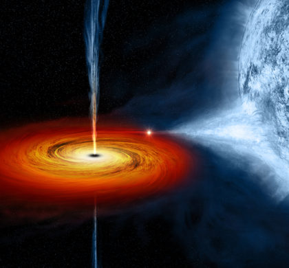 On the left, an optical image from the Digitized Sky Survey shows Cygnus X-1, outlined in a red box.  Cygnus X-1 is located near large active regions of star formation in the Milky Way, as seen in this image that spans some 700 light years across. An artist's illustration on the right depicts what astronomers think is happening within the Cygnus X-1 system.  Cygnus X-1 is a so-called stellar-mass black hole, a class of black holes that comes from the collapse of a massive star.  New studies with data from Chandra and several other telescopes have determined the black hole's spin, mass, and distance with unprecedented accuracy.